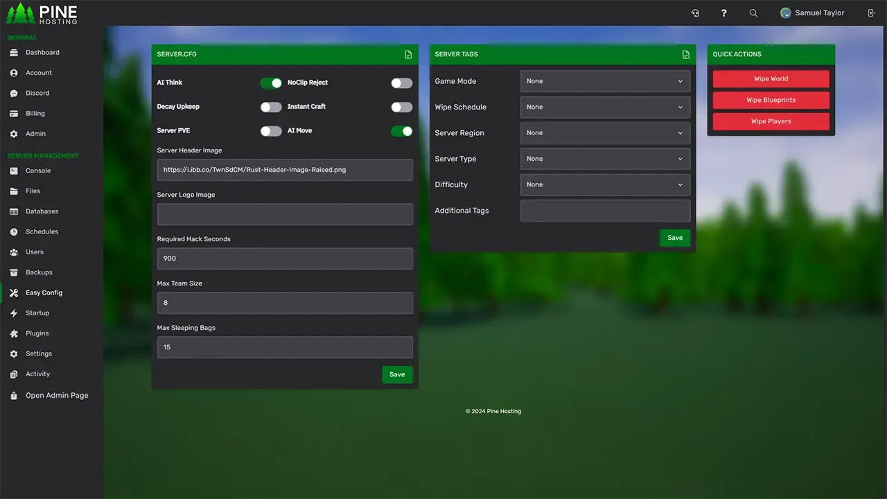 Pine Hosting panel example