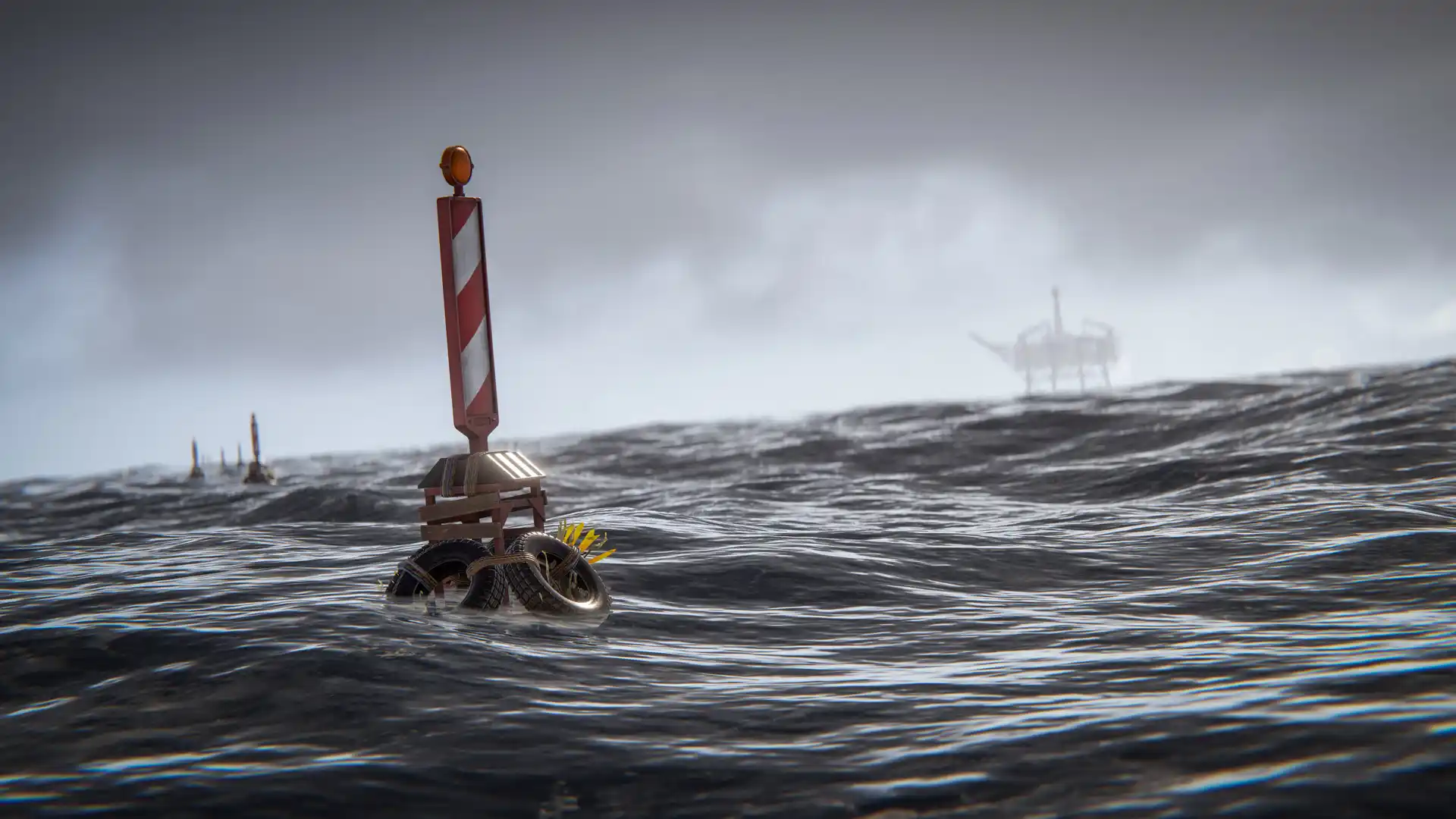 Buoys Floating In A Stormy Ocean Next To Large Rig