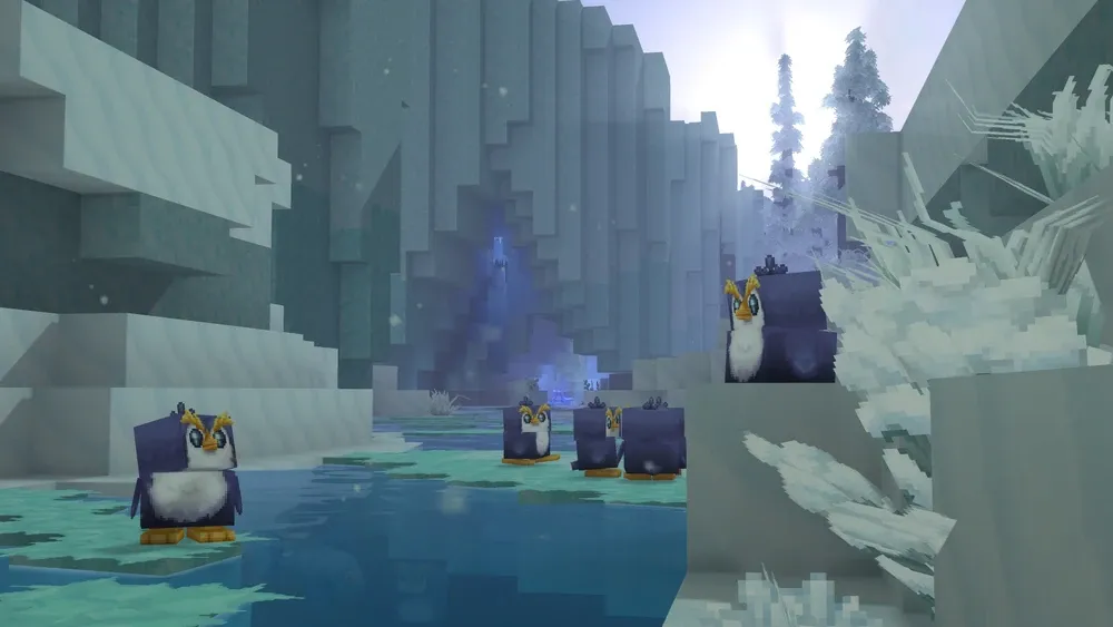 Pack of penguins chilling on the frozen lake in Hytale