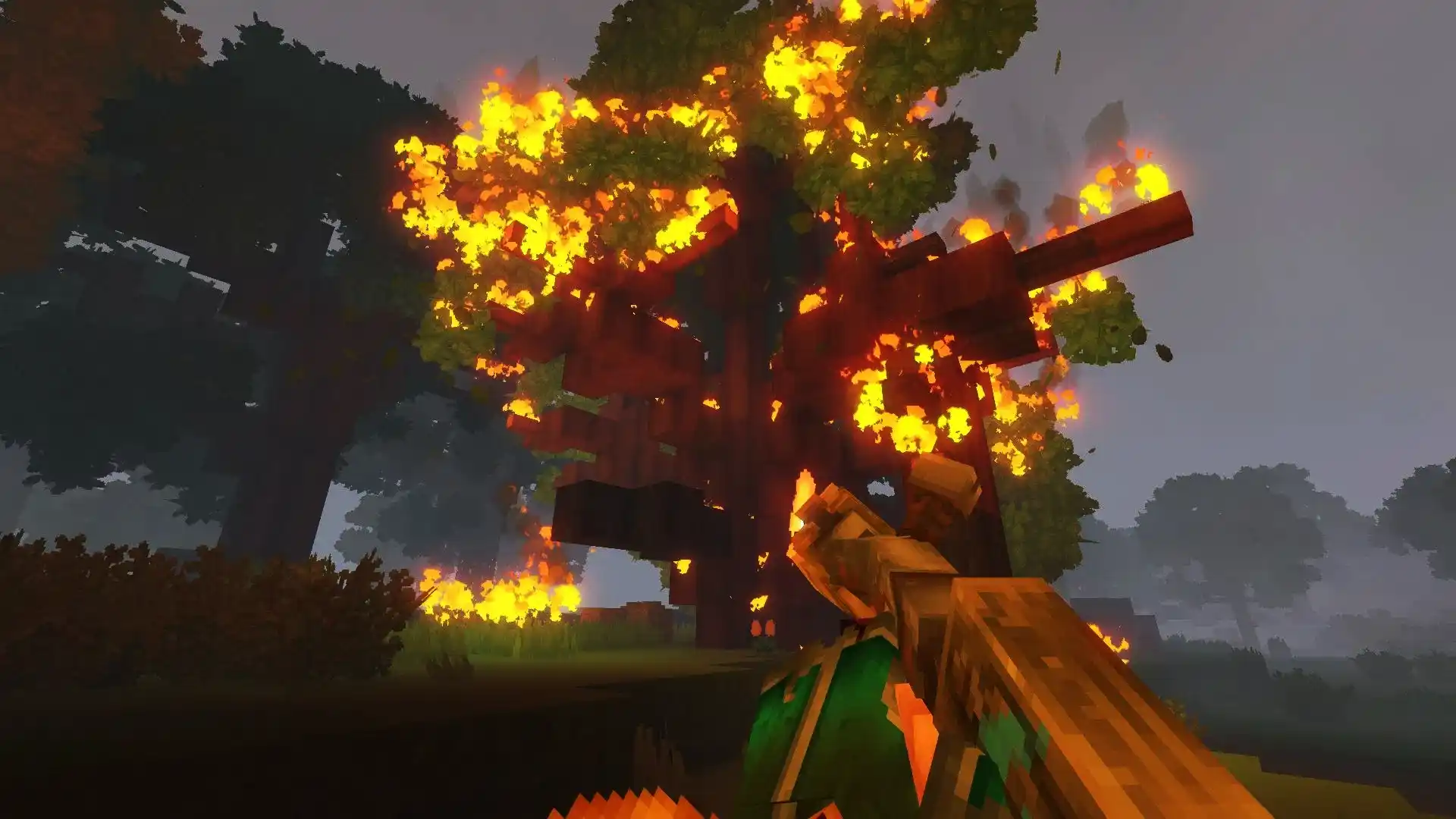 Hytale tree on fire and flamethrower