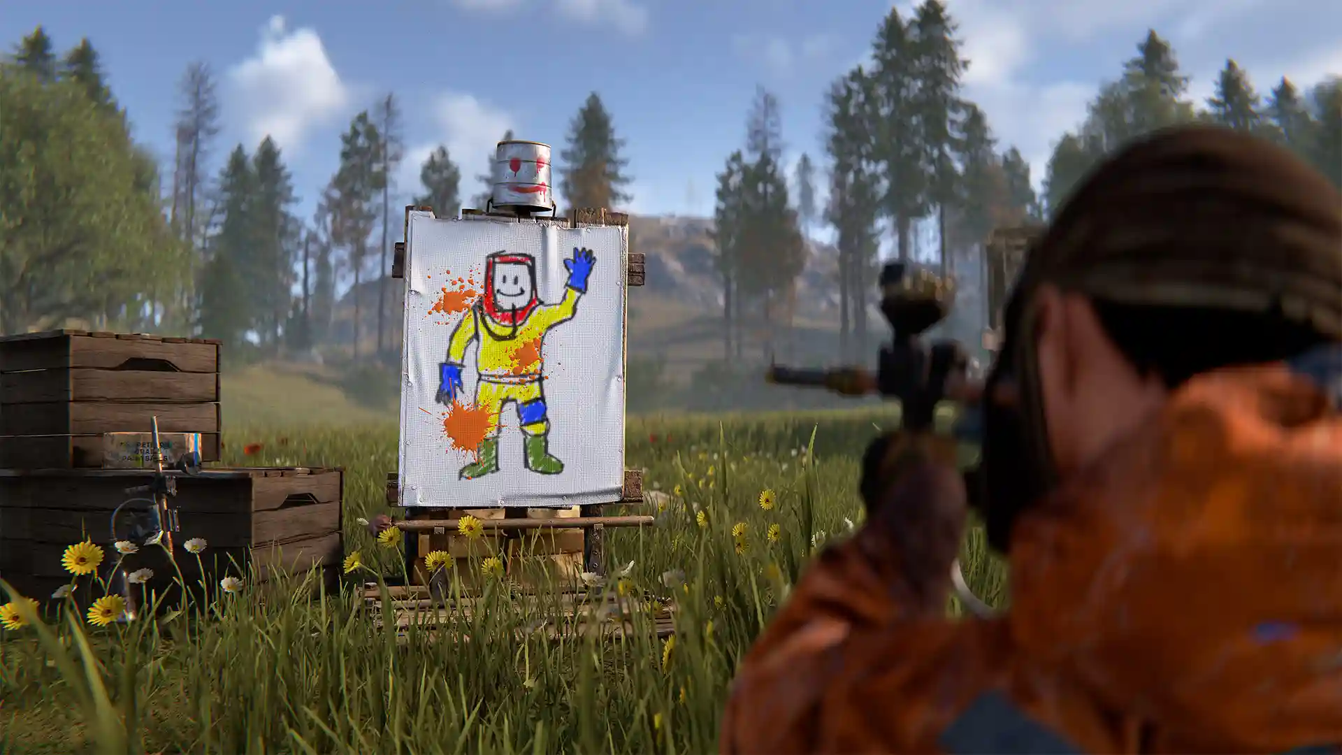 Rust player shooting with paintball gun on an easel