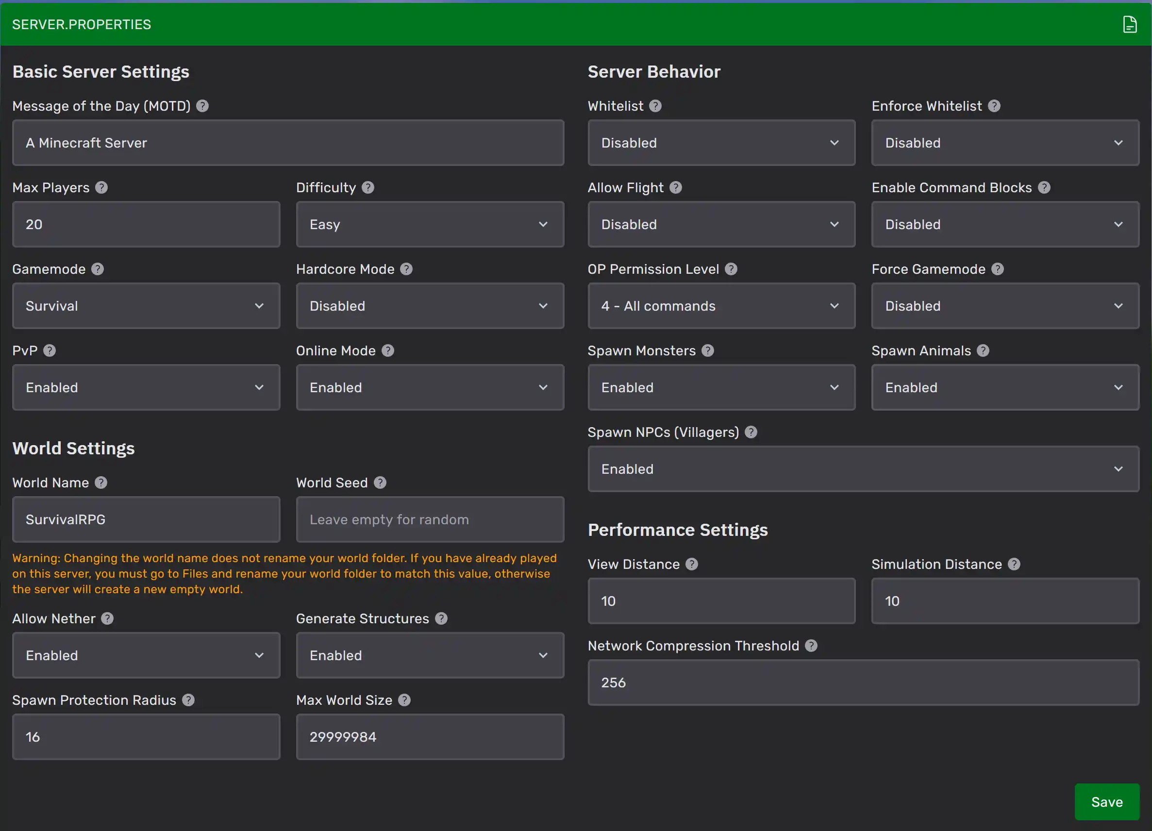 Pine Hosting "Easy Config" Minecraft Server Properties