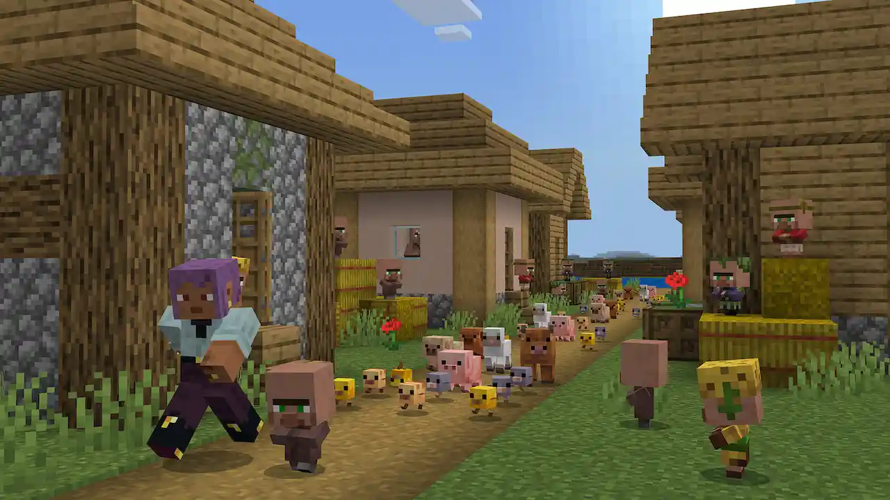 Minecraft village scene with baby villagers and animals walking through a populated village street