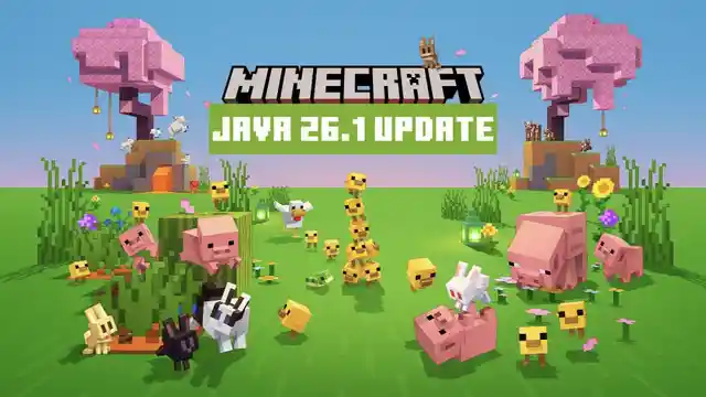 Minecraft Java 26.1 update artwork with baby animals and mobs in a bright grassy landscape