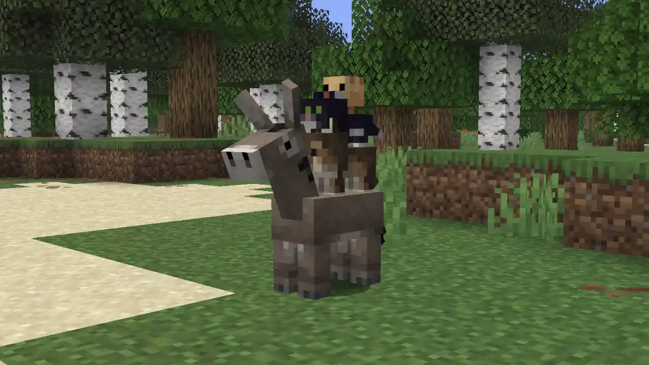 Minecraft donkey carrying small animals through a forest area