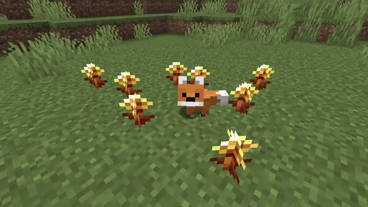 Minecraft golden dandelions surrounding a baby fox