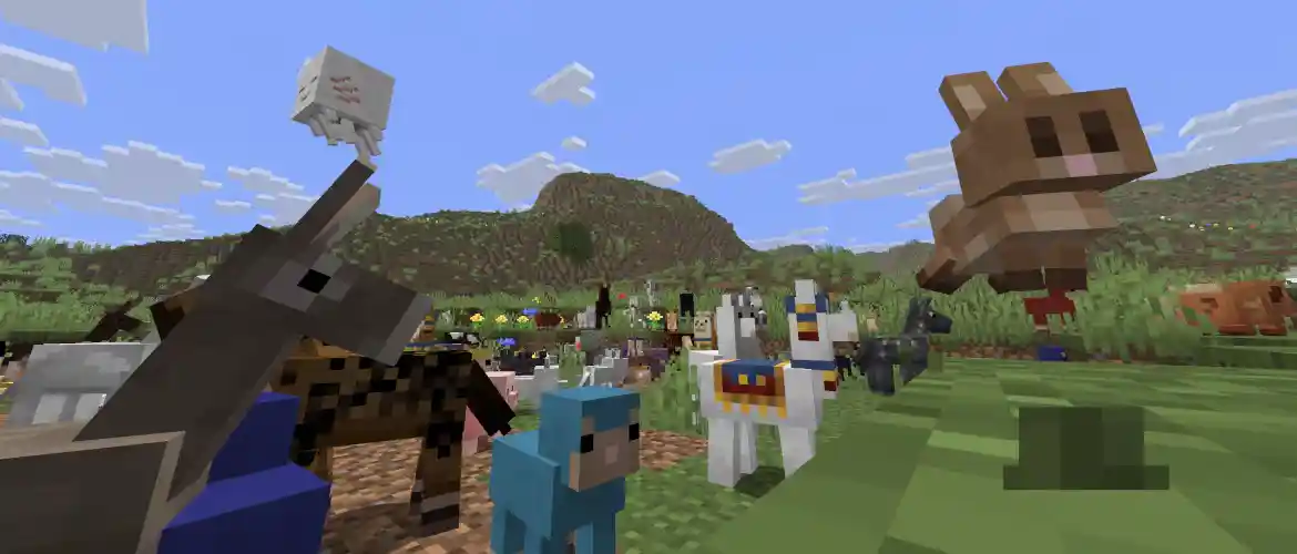 Minecraft Tiny Takeover mobs including llamas, donkey, rabbit, and baby animals in an open grassy biome