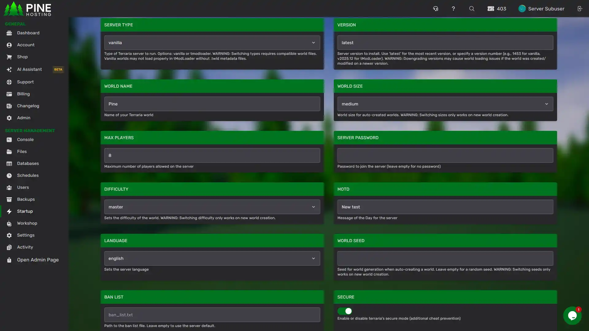 Pine Hosting Terraria Startup tab with World size option