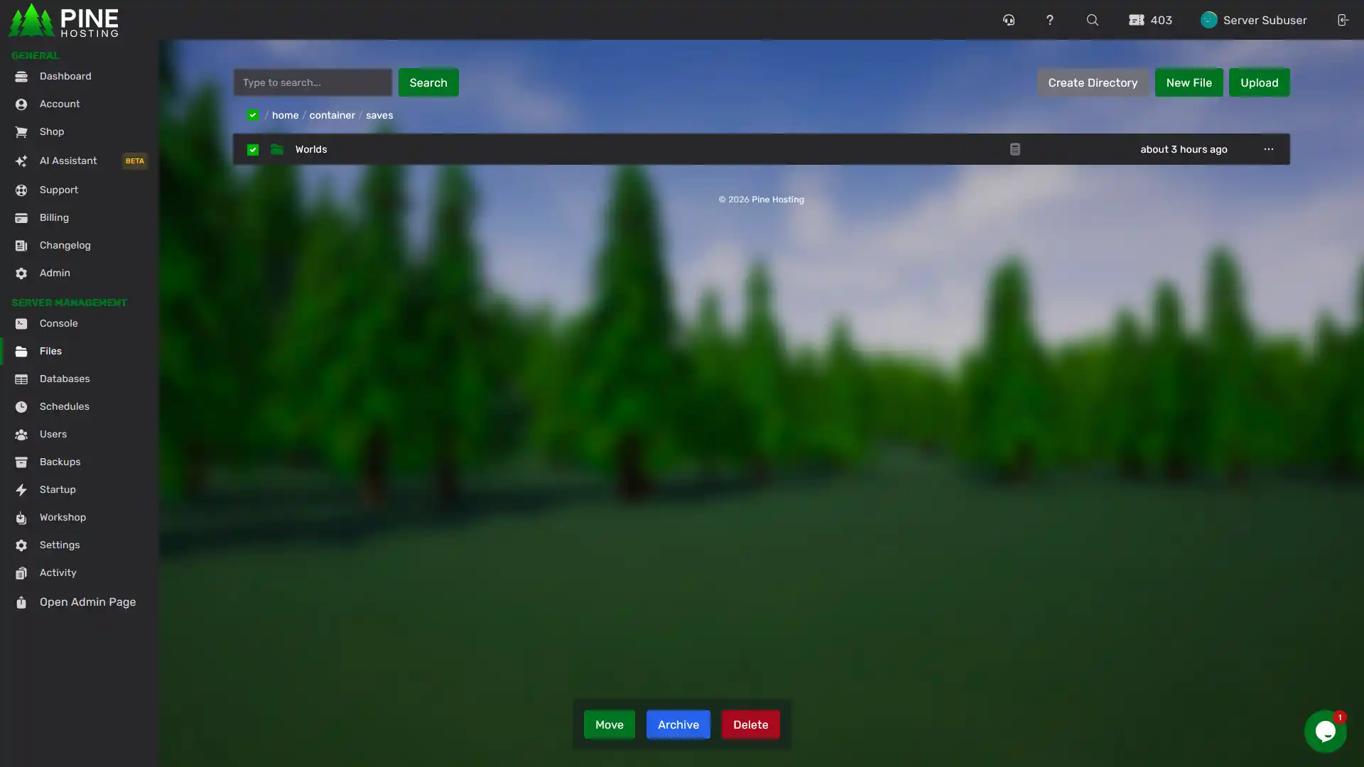 Pine Hosting Files Manager for Terraria world saves