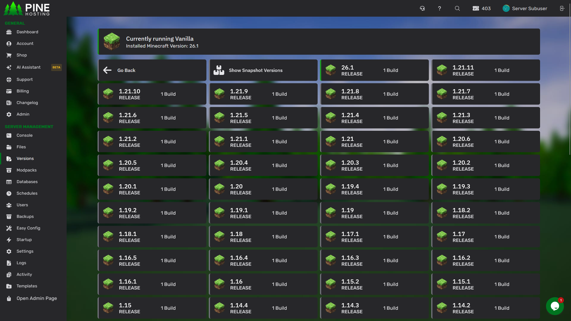 Pine Hosting control panel showing Minecraft server version selection with 26.1 installed