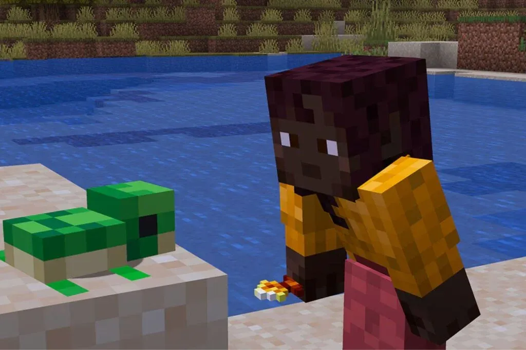 Minecraft player feeding a golden dandelion to a baby turtle by the water