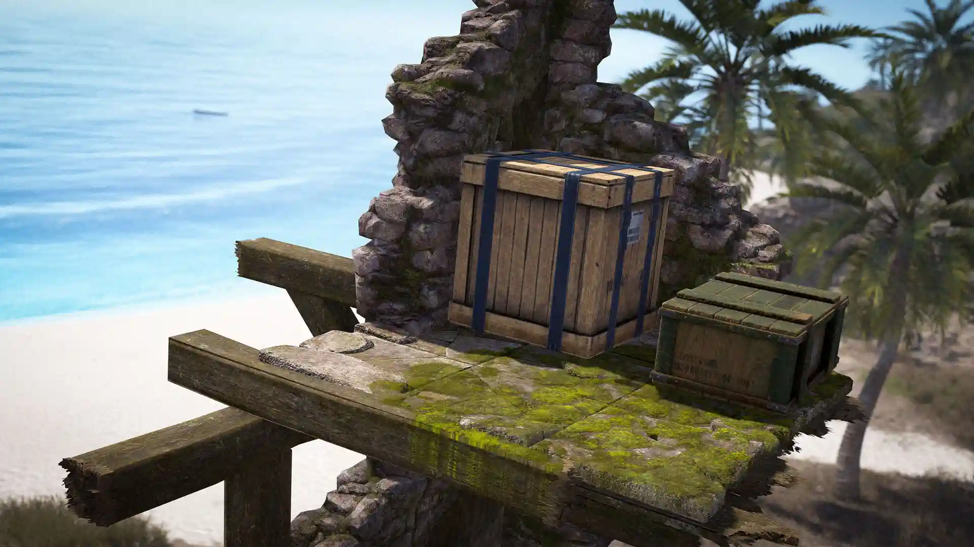 Freshly spawned military and normal crates on a island ruin in Rust's deep sea