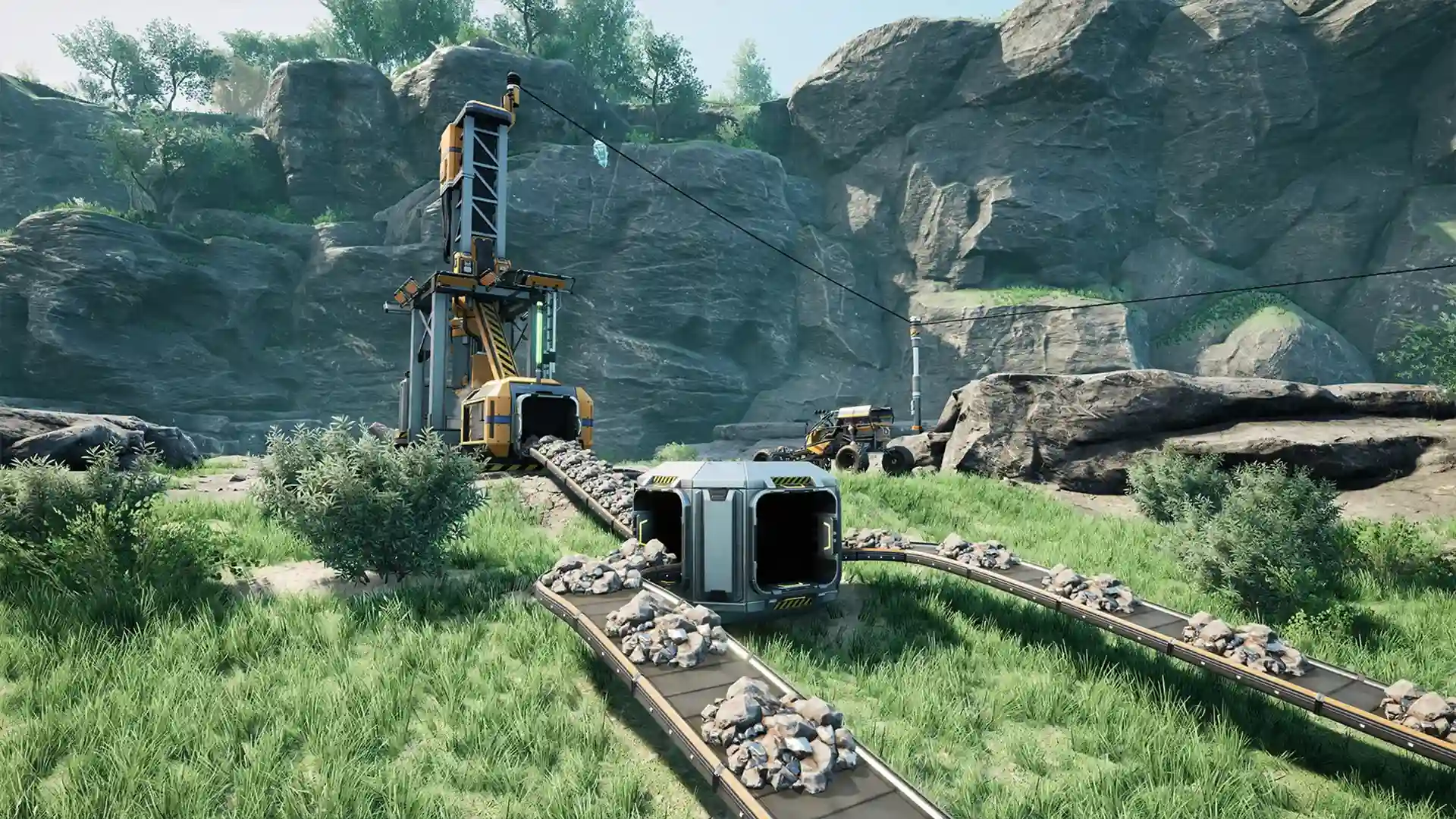 Satisfactory mining setup with conveyors transporting resources in a rocky biome