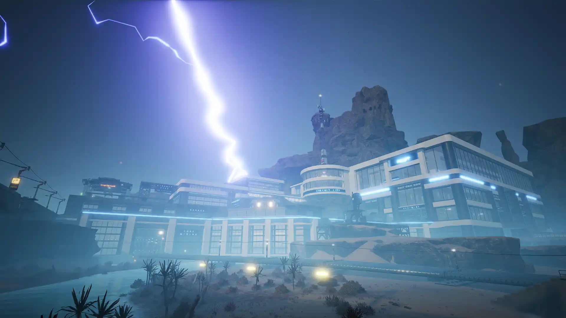 Satisfactory factory base during a lightning storm with modern buildings
