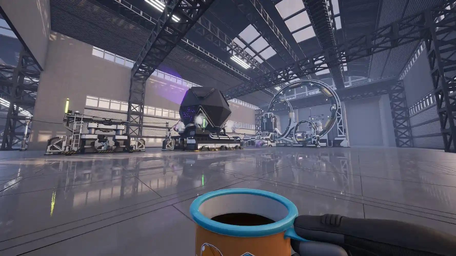 Satisfactory factory interior with advanced machinery and a player holding a coffee mug.