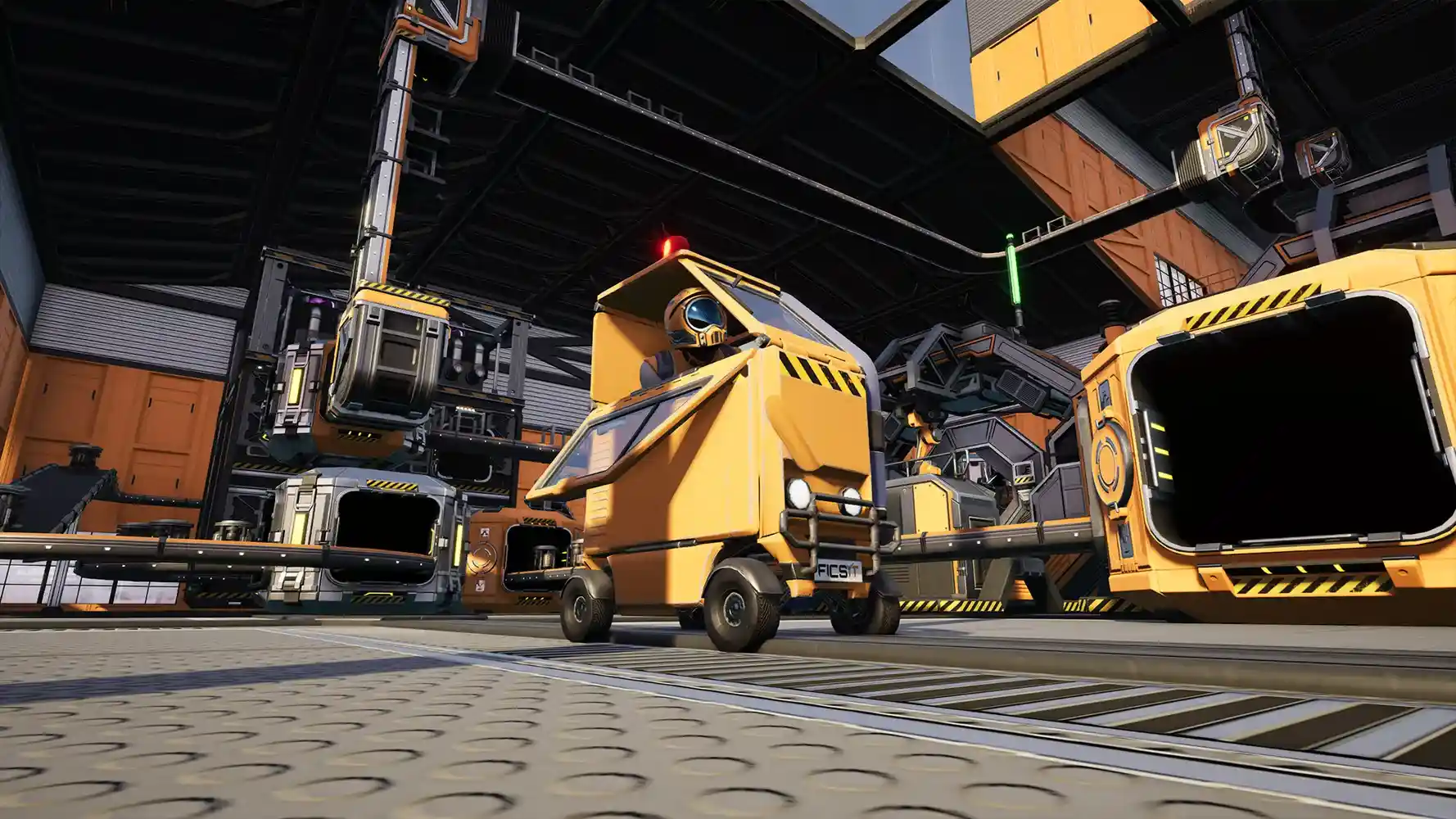 Satisfactory player driving a factory vehicle inside an industrial base.