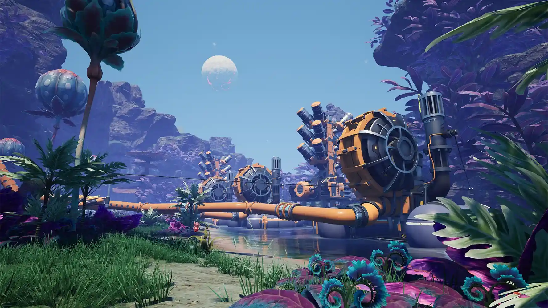 Industrial pipeline system in an alien landscape In Satisfactory with machinery and water.
