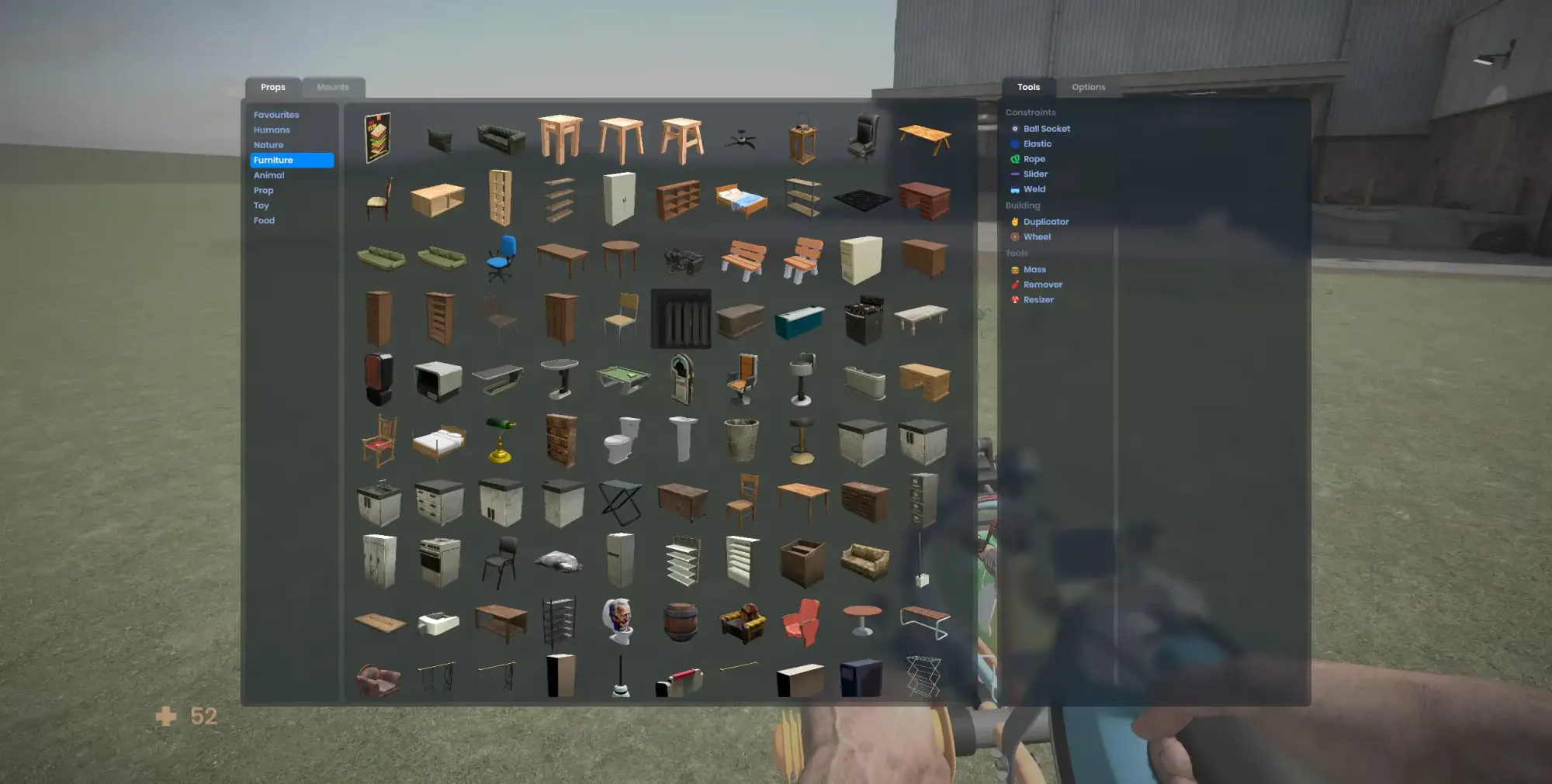 S&box sandbox menu showing props, furniture, and tool categories.