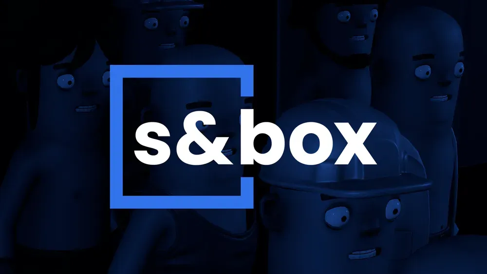 S&box logo over a dark blue background with stylized characters.