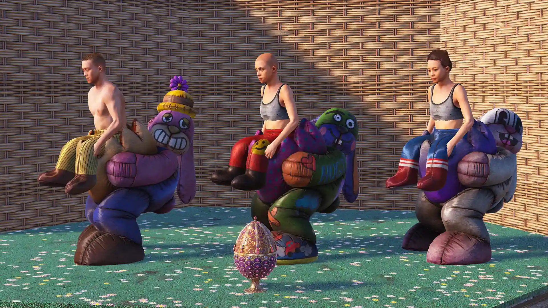 Rust Easter bunny costume variations displayed with a decorative egg