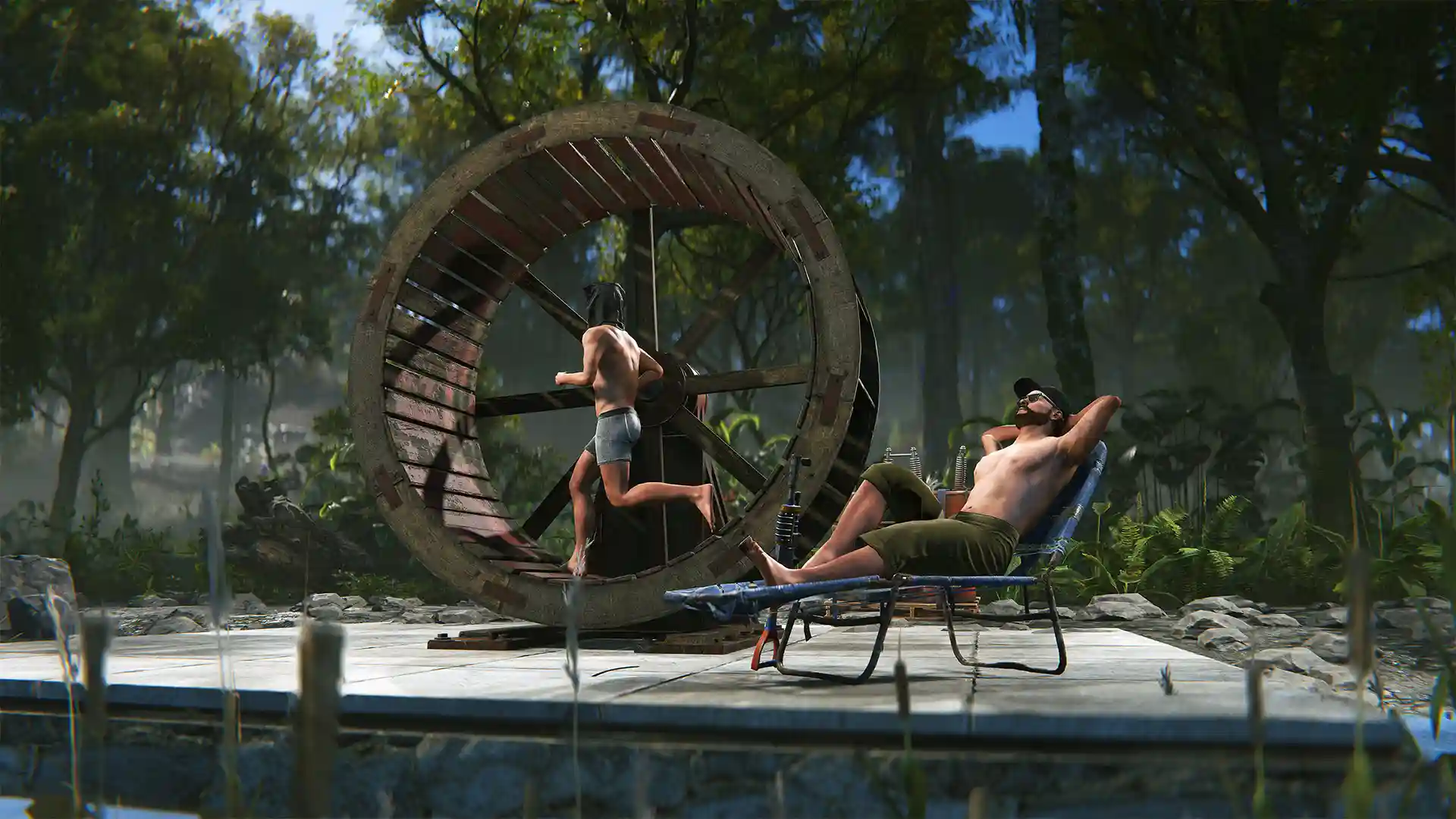 Rust Water Wheel generating power beside a player relaxing outdoors