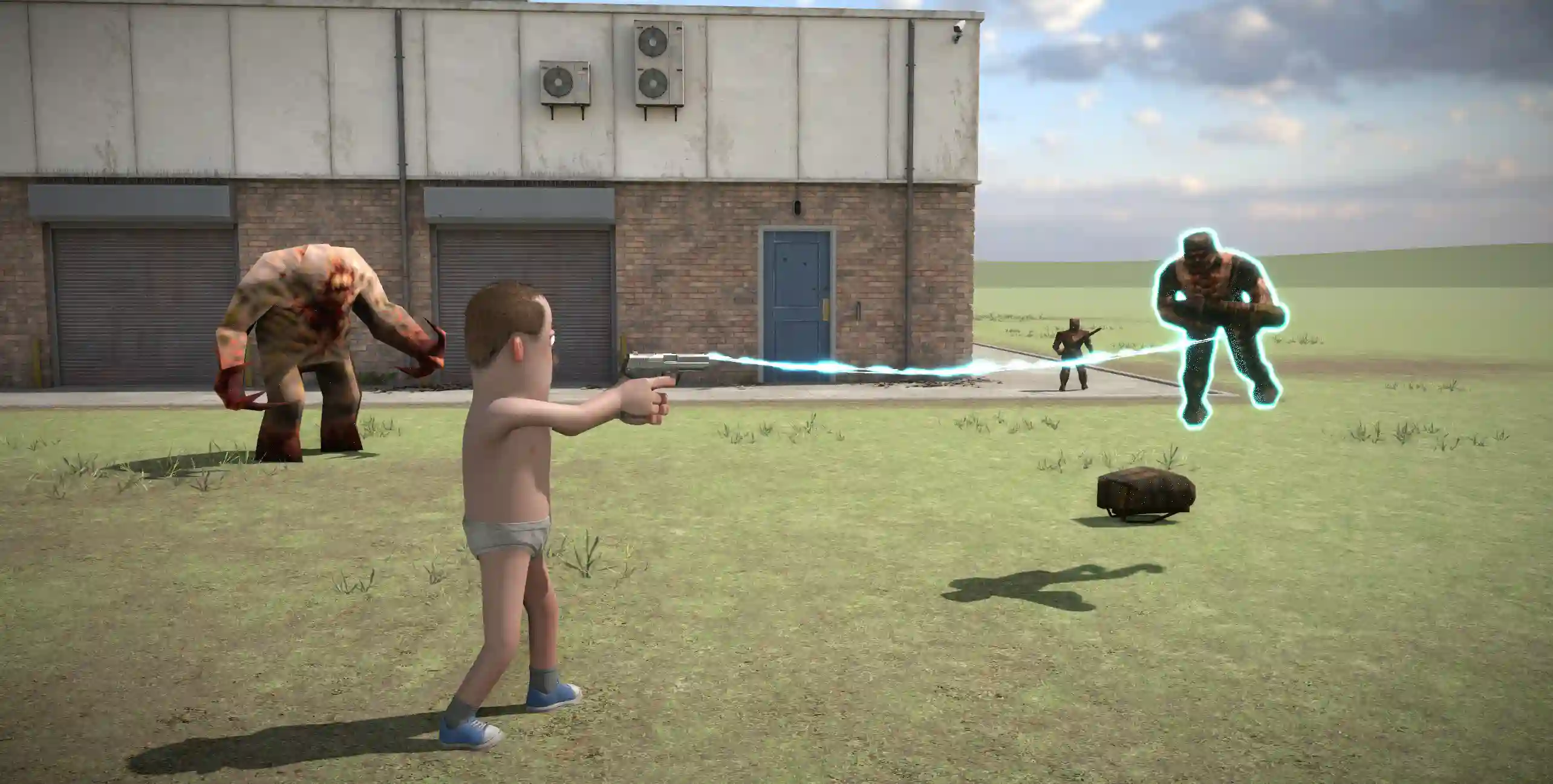 S&box gameplay screenshot showing a player firing at enemies outside a building.