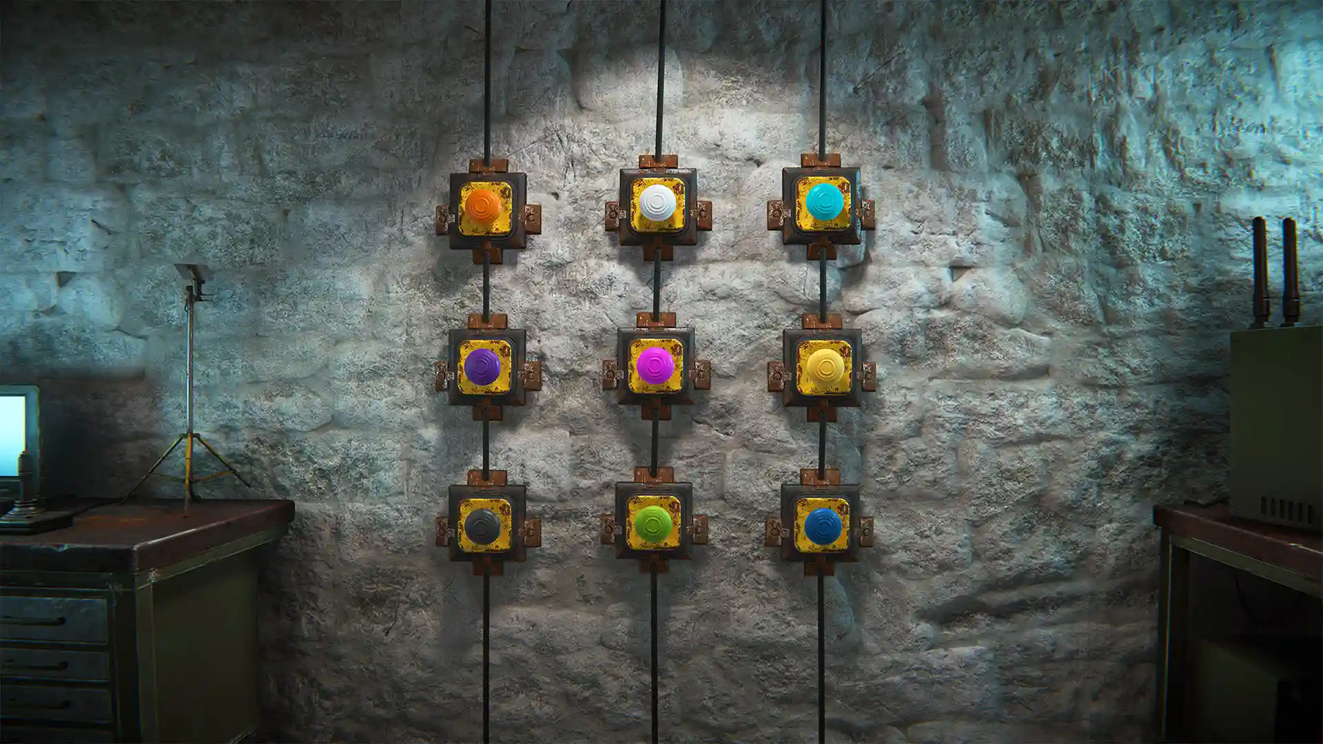 Colored electrical buttons mounted on a Rust wall