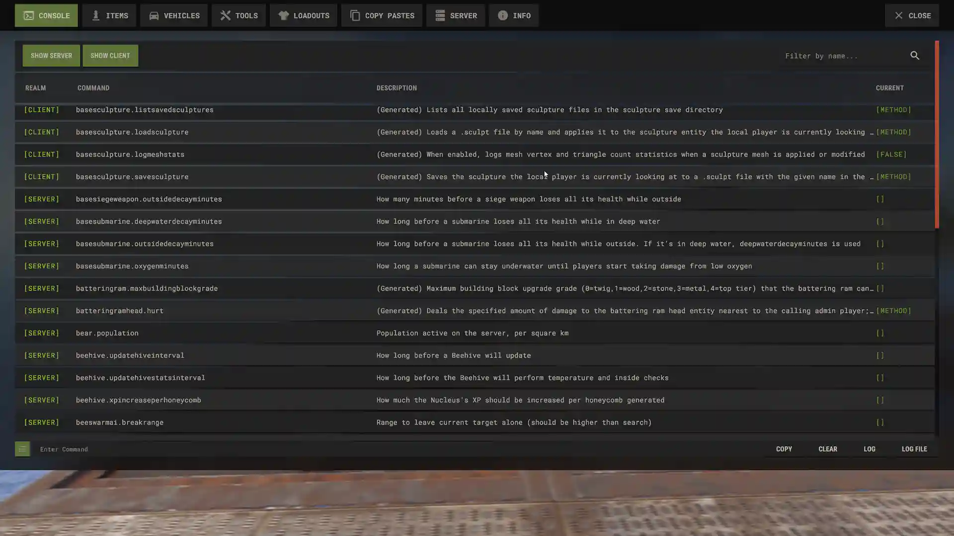 Rust F1 console UI overhaul with command descriptions and filters