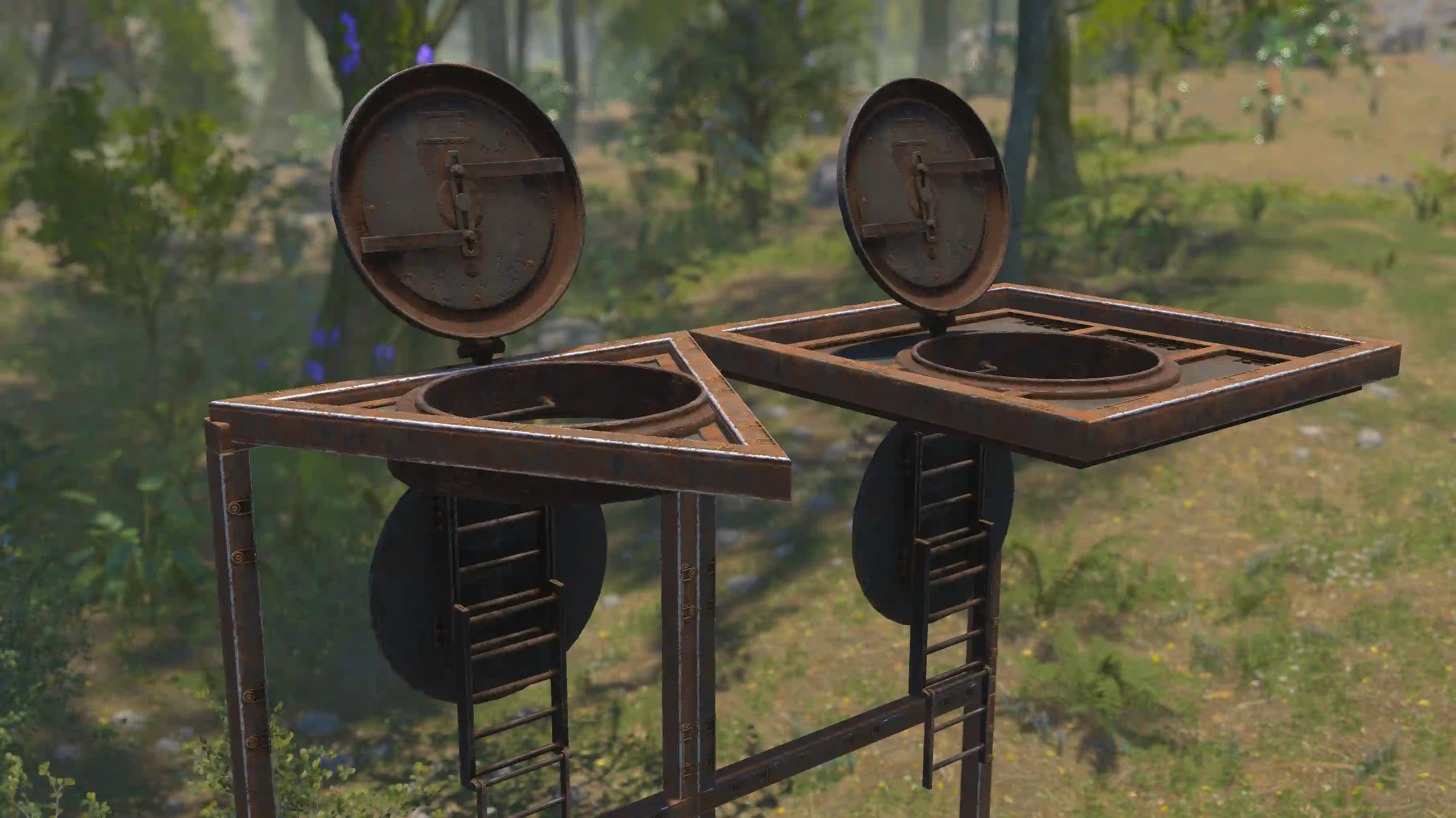 Rust square and triangle Armoured Ladder Hatches side by side