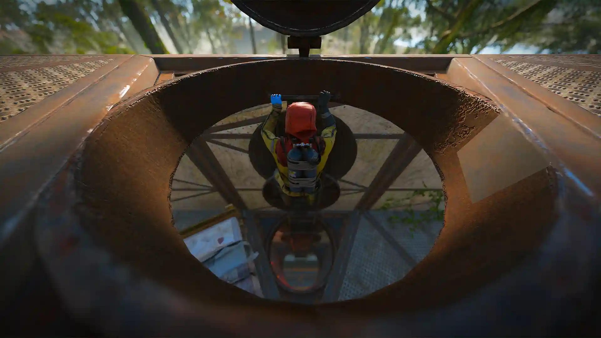 Rust player looking down through an Armoured Ladder Hatch opening