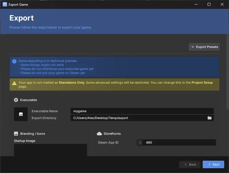 S&box export menu showing standalone game export settings.