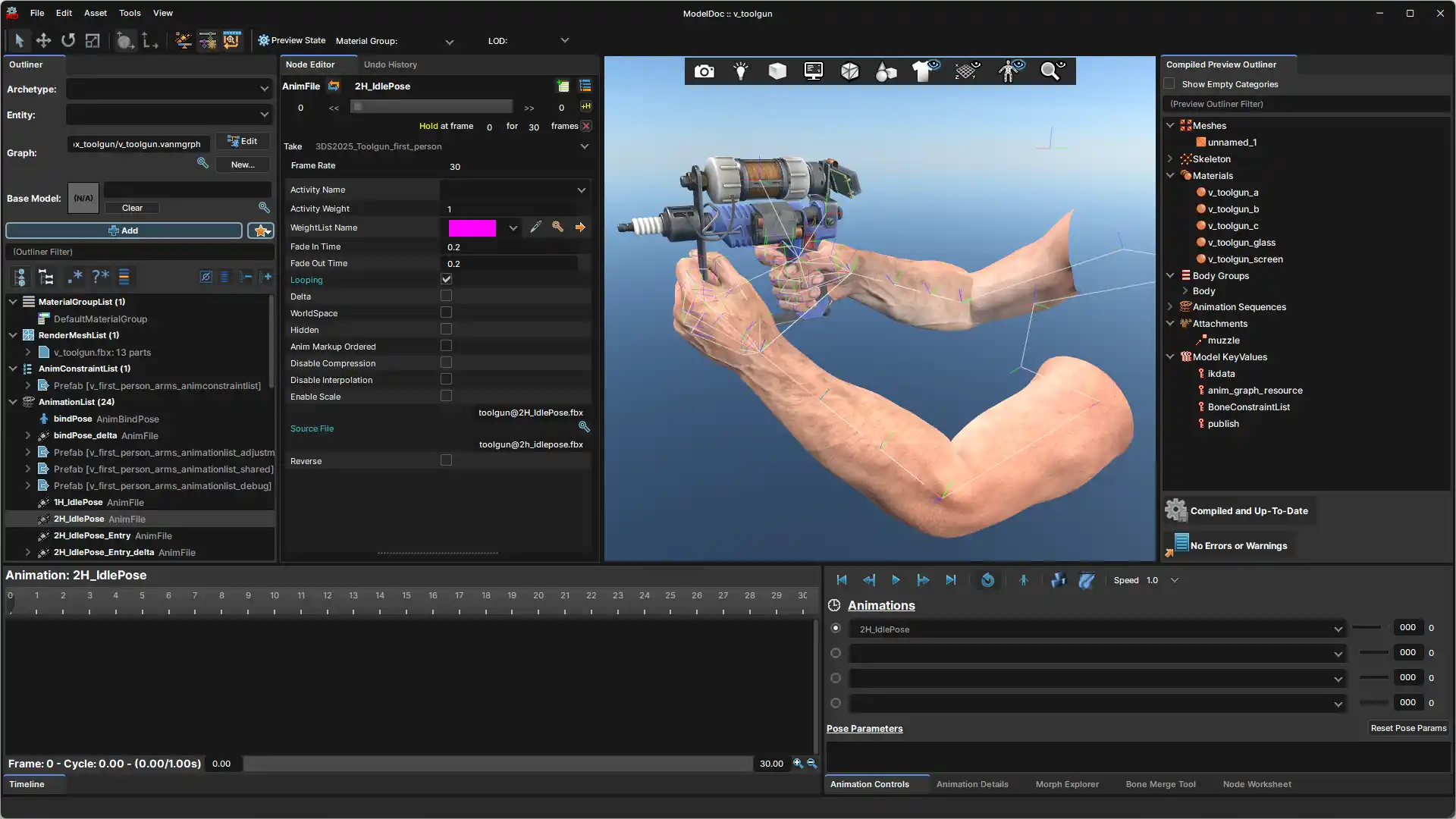 S&box model editor showing a weapon animation and rigging tools.