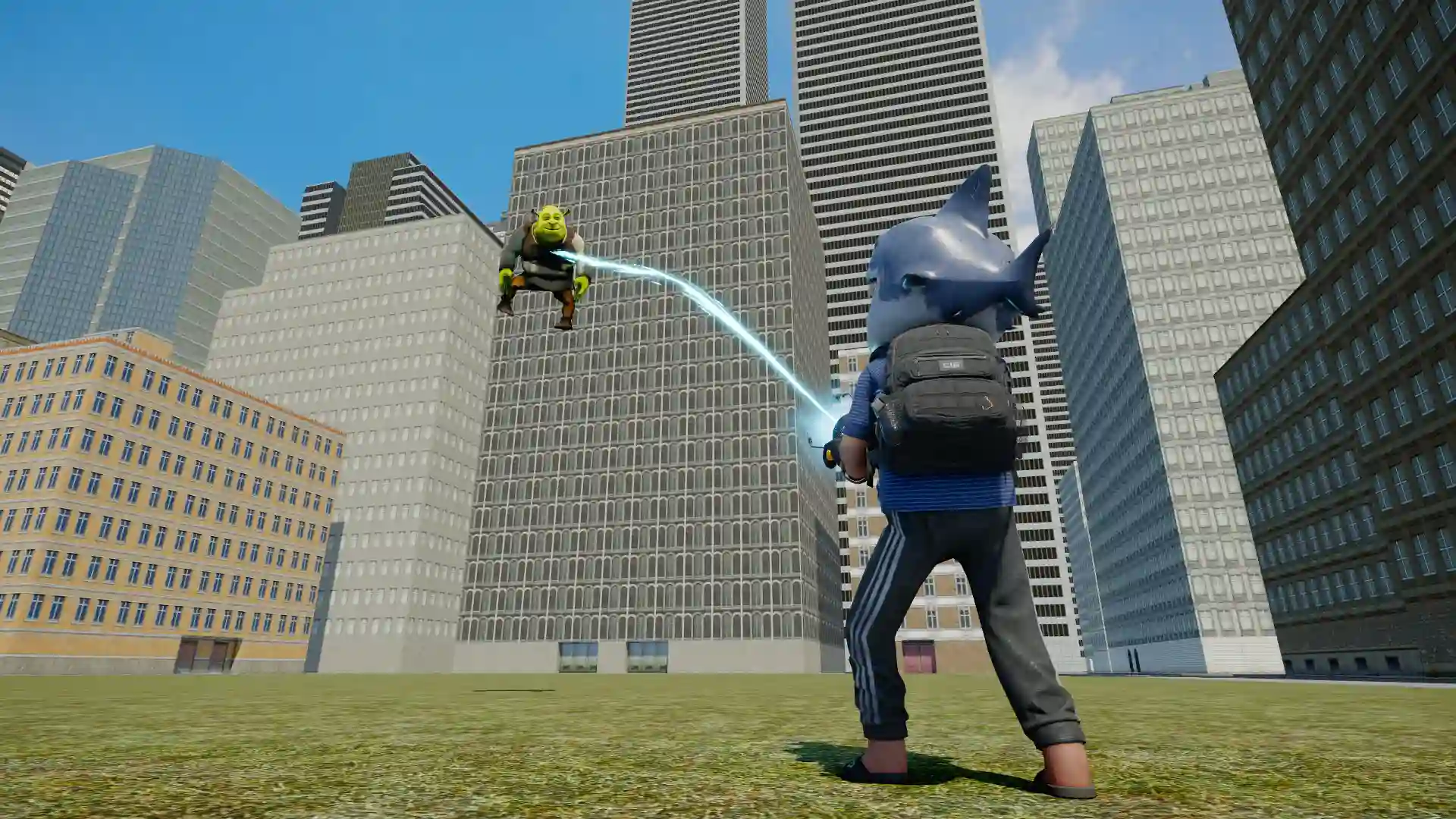 S&box character using a PhysGun to lift a Shrek character in a city map.