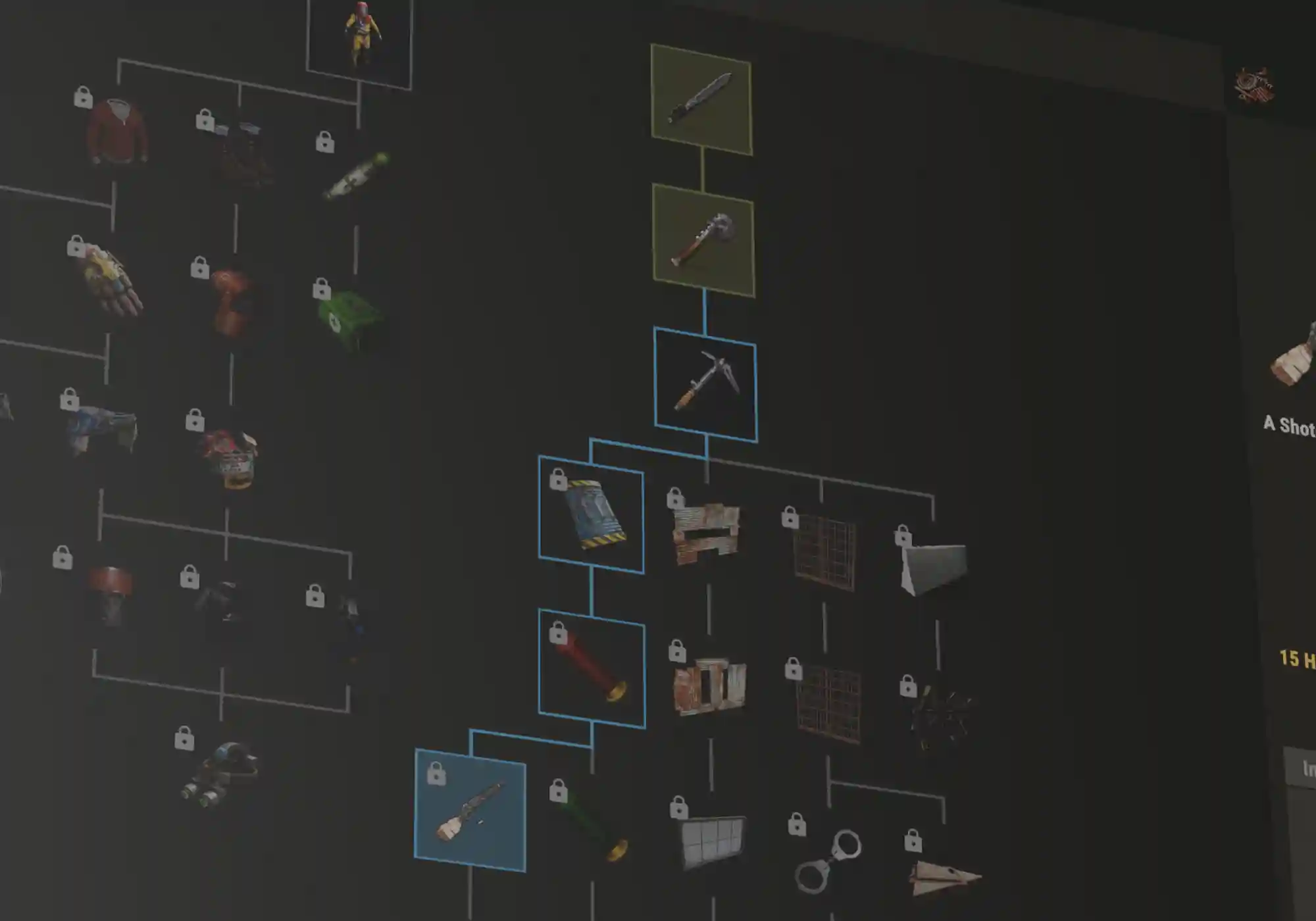 Rust tech tree interface showing multi-unlock path selection