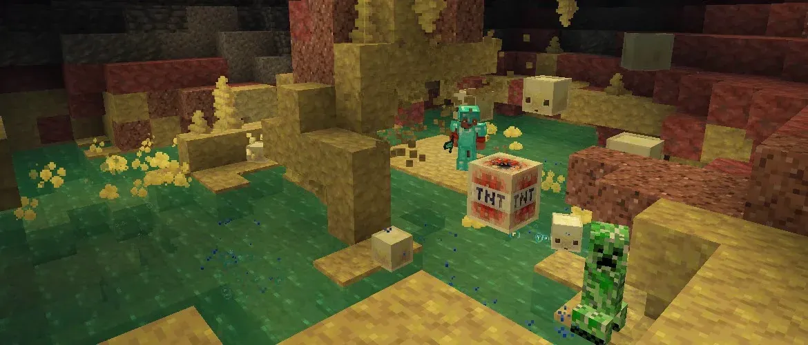 Sulfur cave, sulfur cube tnt and minecraft mobs surrounding a minecraft player.