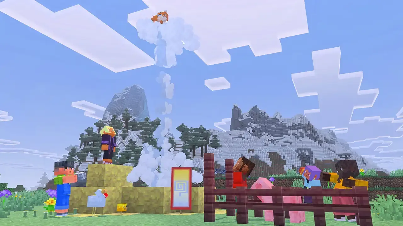 Crowd of Minecraft players and animals watching a fox launch on a geyser.