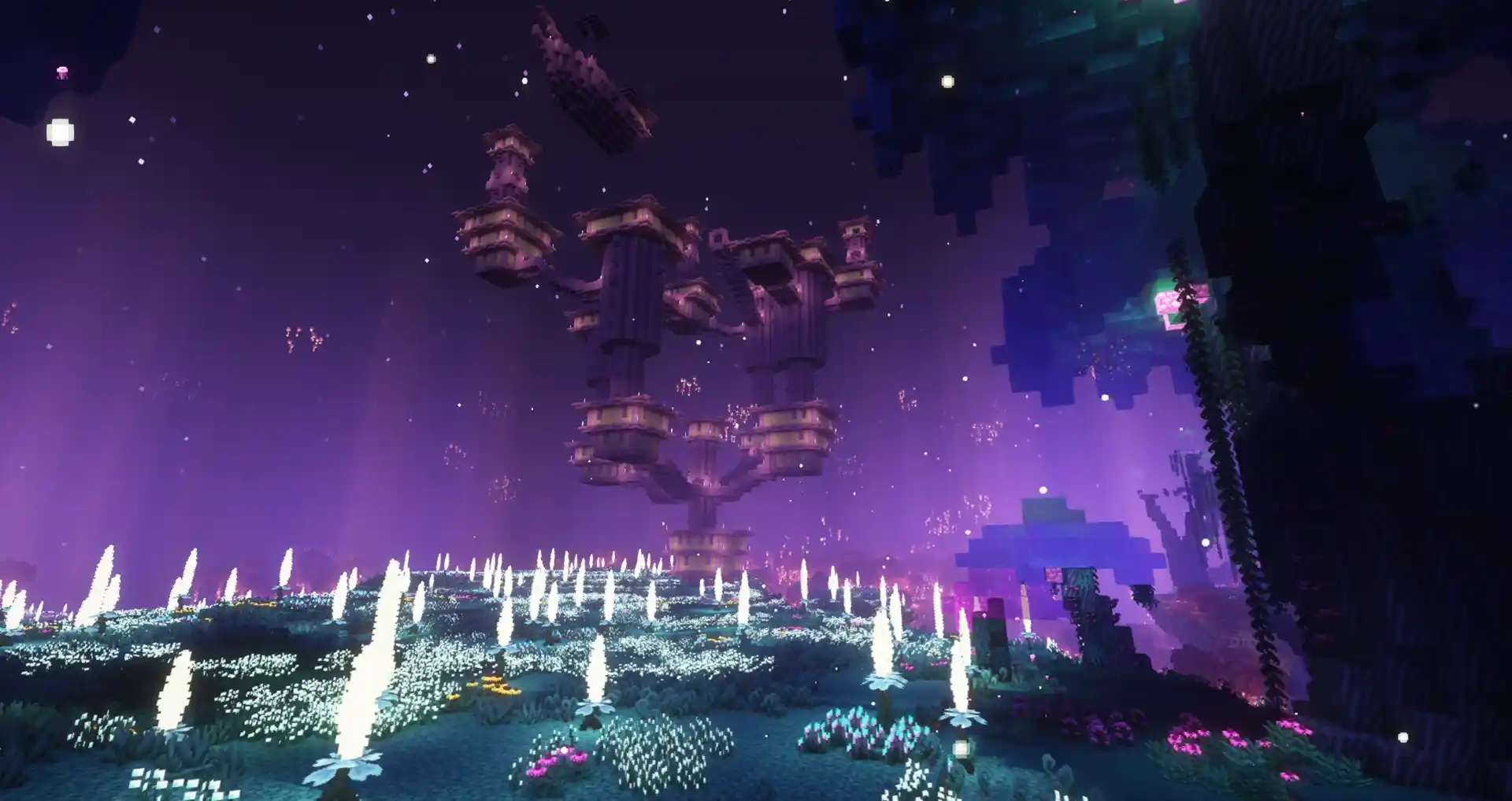 Ender city in a dark alien like biome in Minecraft's End dimension