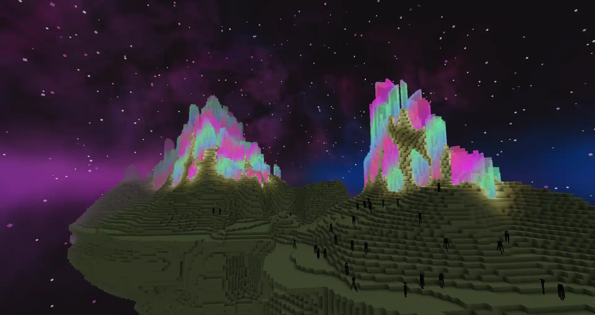 Colorful end islands In Minecraft's End dimension with Galaxy skies