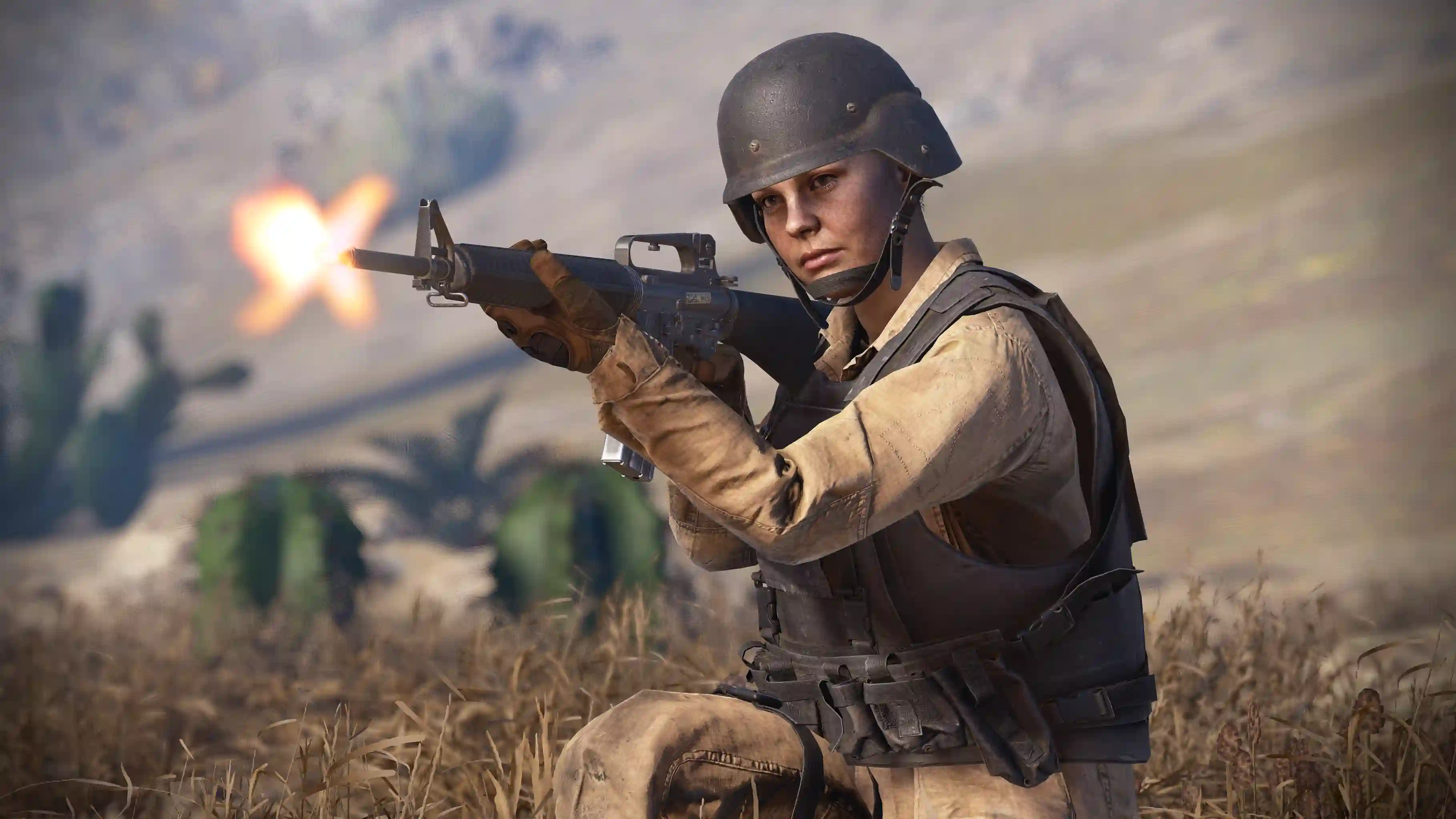 Rust player wearing bdu armor, shooting an m16a2