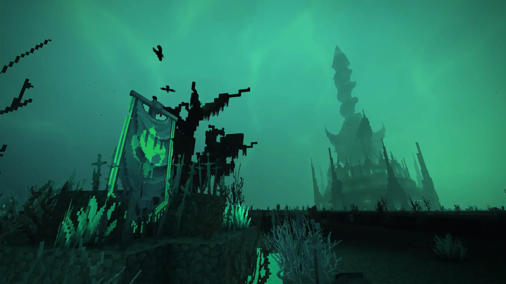 Necromancer's Spire Hytale mod showing a dark fantasy structure in a custom generated world.