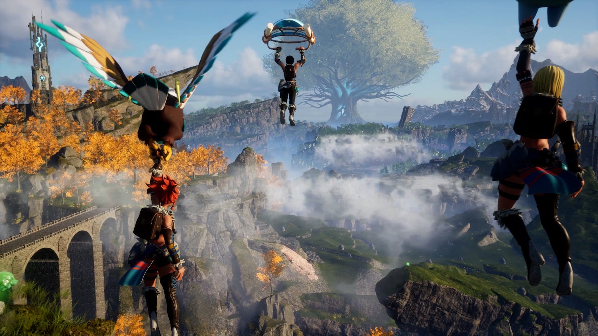 3 Palworld players flying towards the world tree