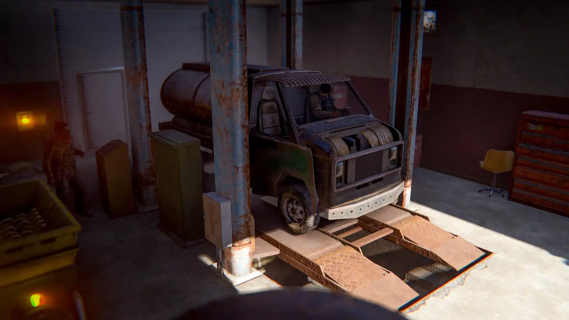 2 Rust players in a Gas station modifying their car on the car lift.