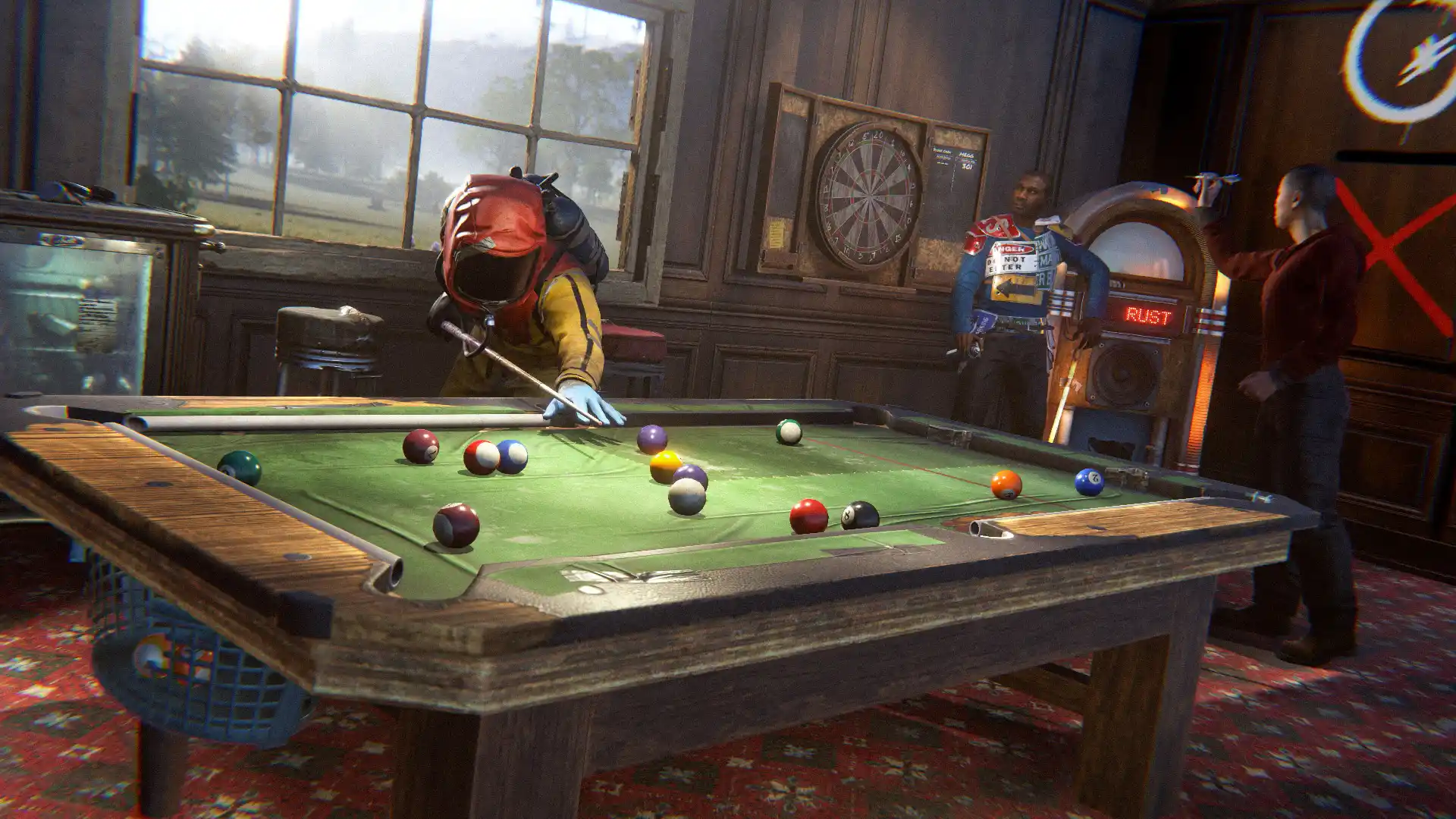 Rust Player playing pool and 2 rust players playing darts in the background.