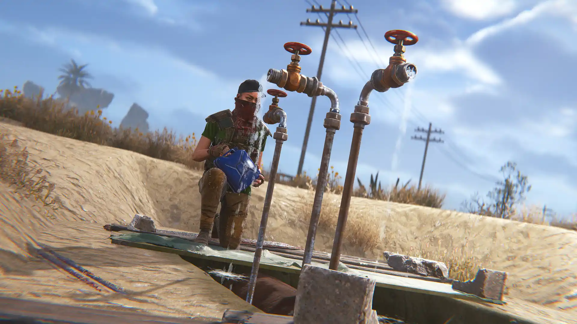 Rust player getting water with a water jug at water treatments roadside pipes.