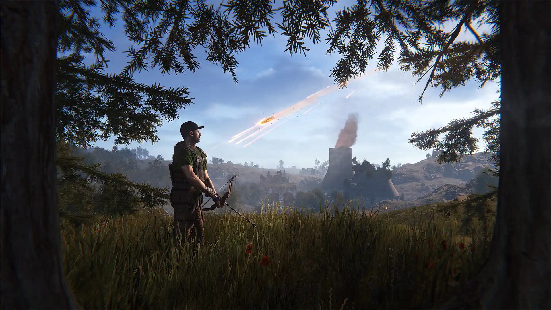 Rust player holding a bow and watching at a satellite fall from the sky.