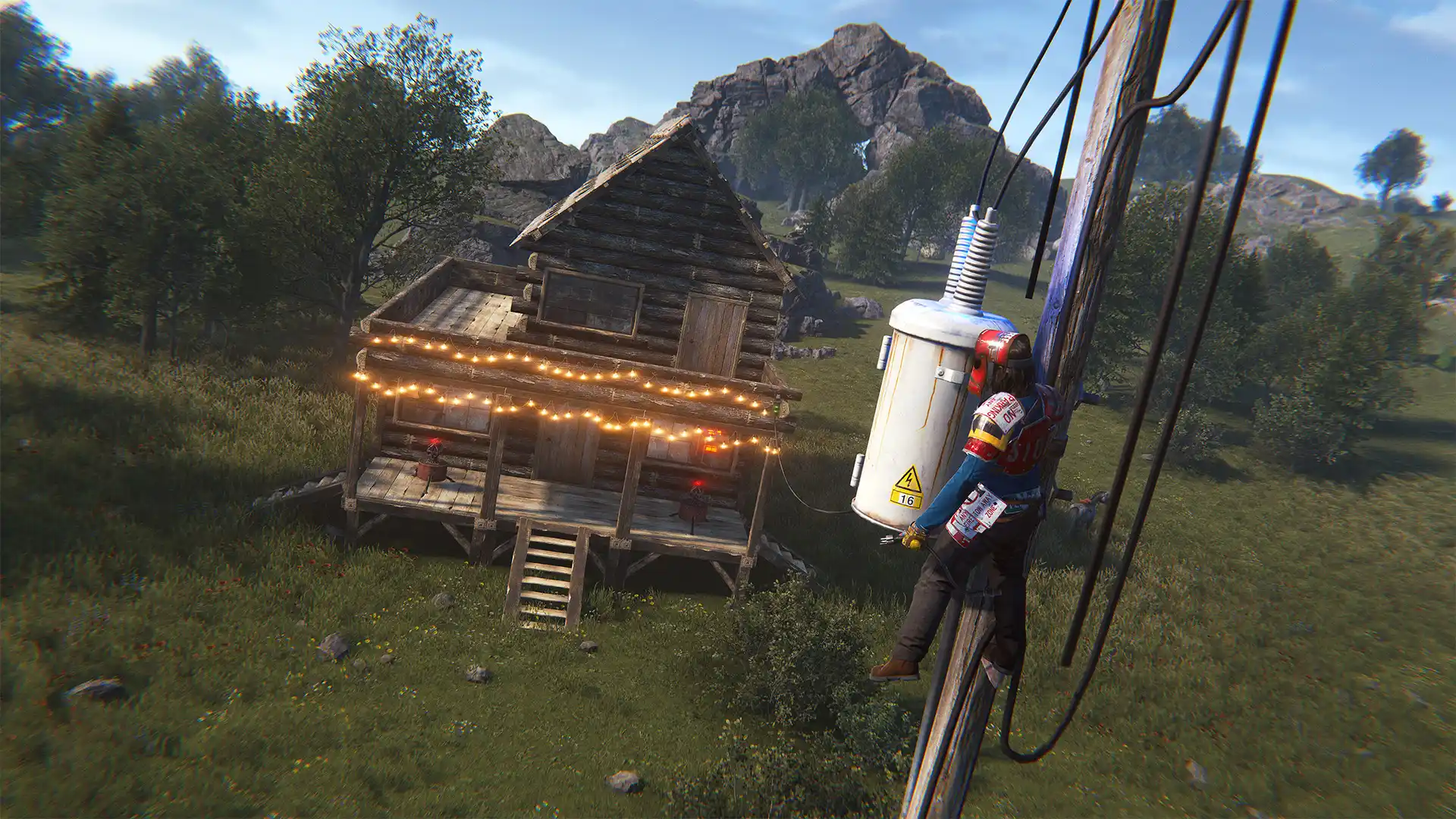 Rust player connecting his base with the electrical grid pylon