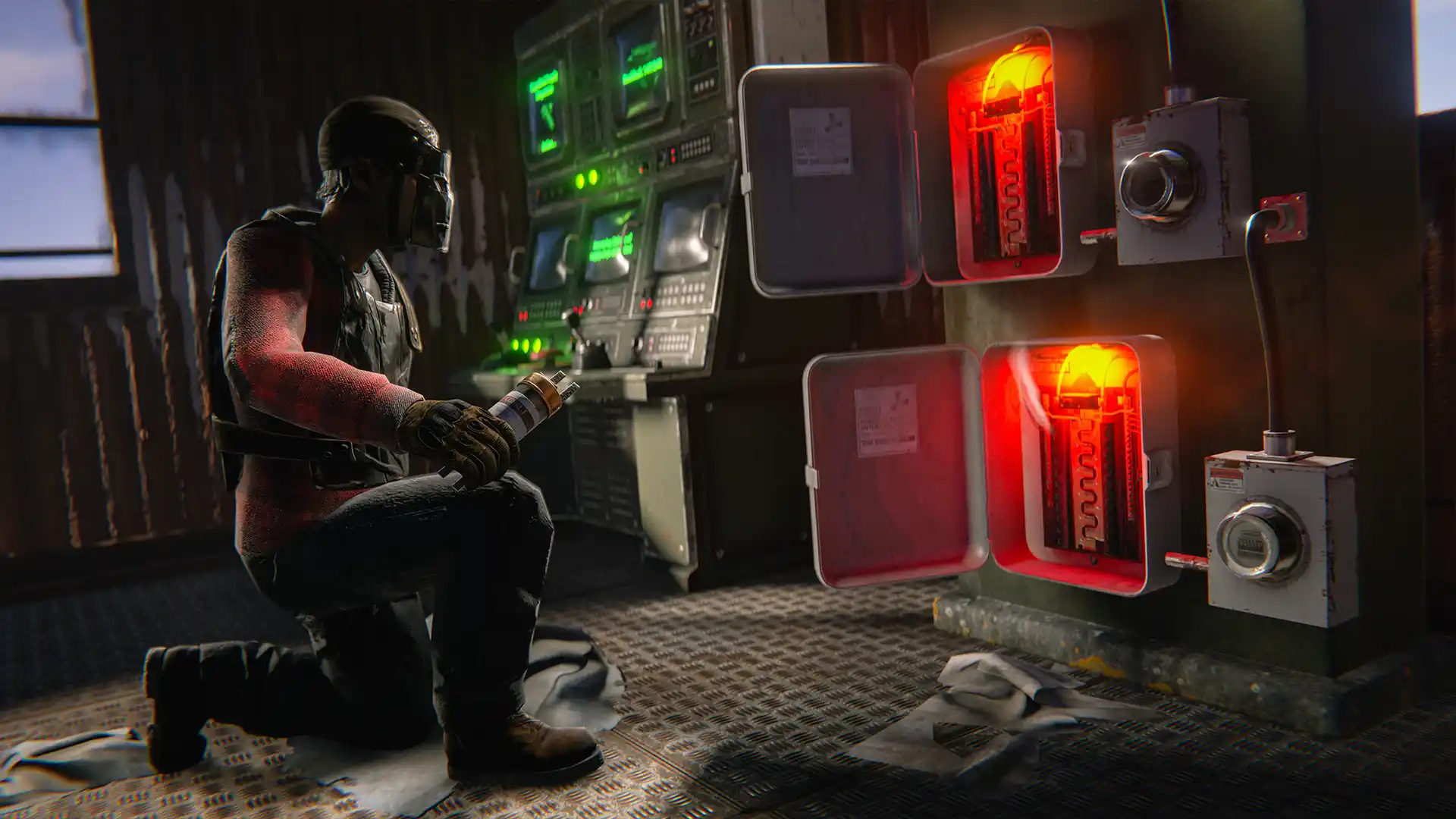 Rust player placing a heavy fuse in the airfield control tower.