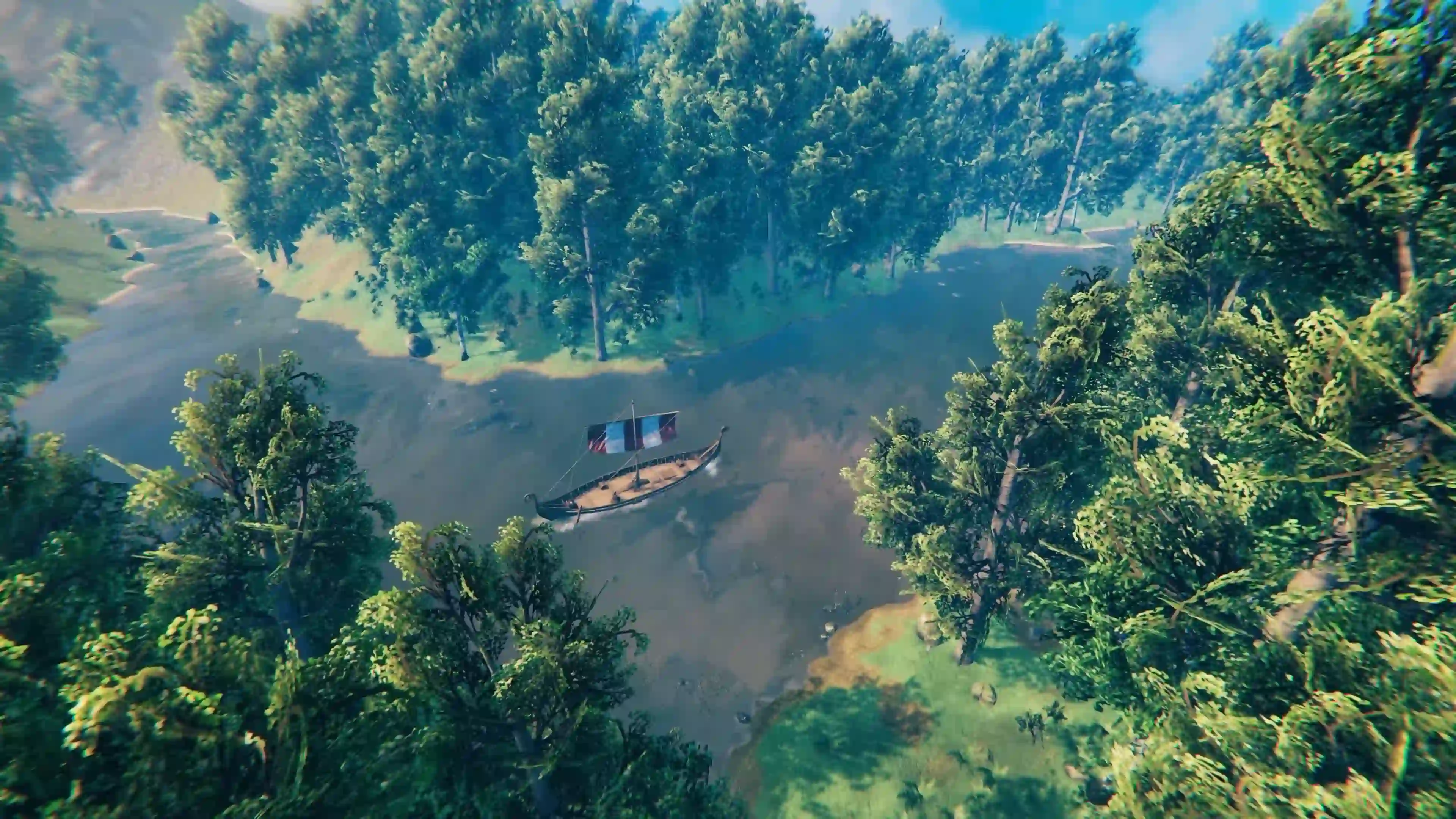 Valheim Viking ship sailing through a river surrounded by dense green forest