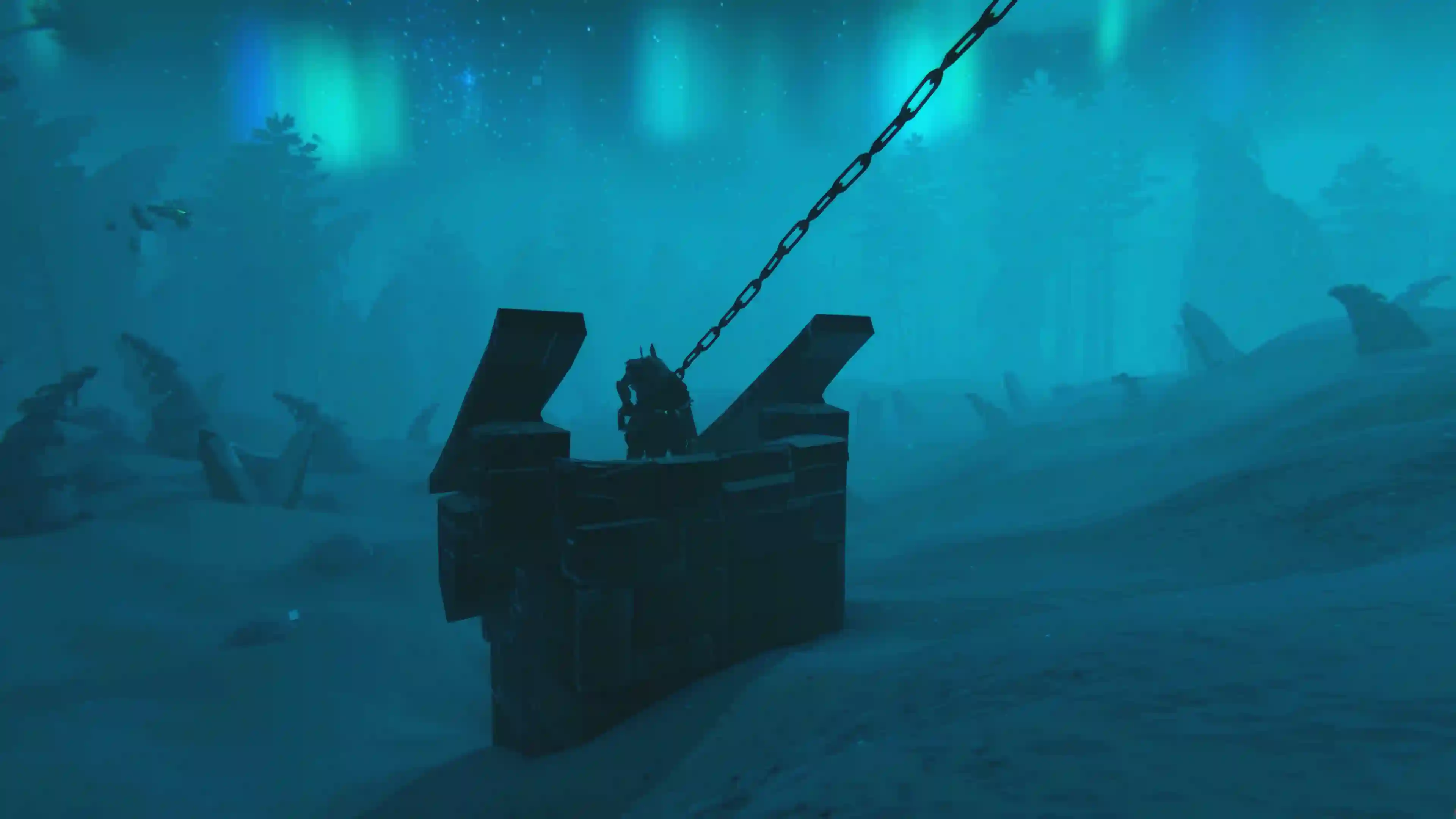 Valheim player shooting a grappling hook at a wall in the deep north.
