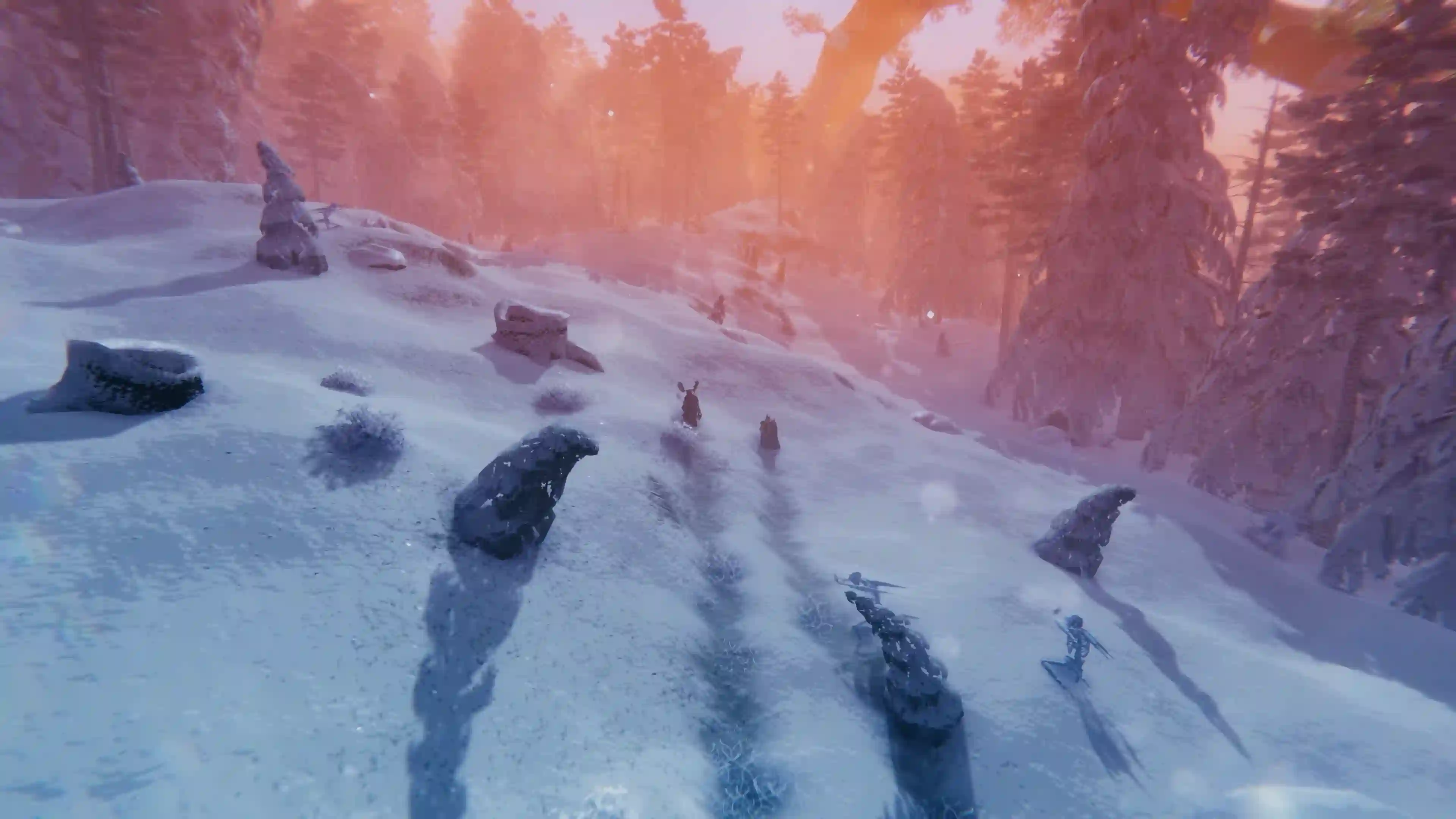 alheim Deep North snowy landscape with players and creatures exploring the frozen biome